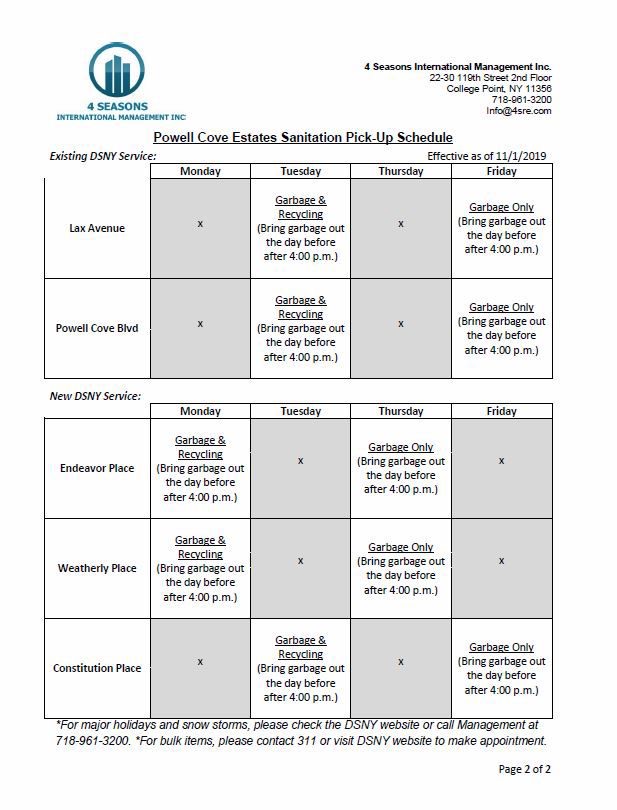Powell Cove Estates sanitation pick-up schedule for Lax Avenue, Powell Cove Blvd, Endeavor Place, Weatherly Place and Constitution Place in College Point